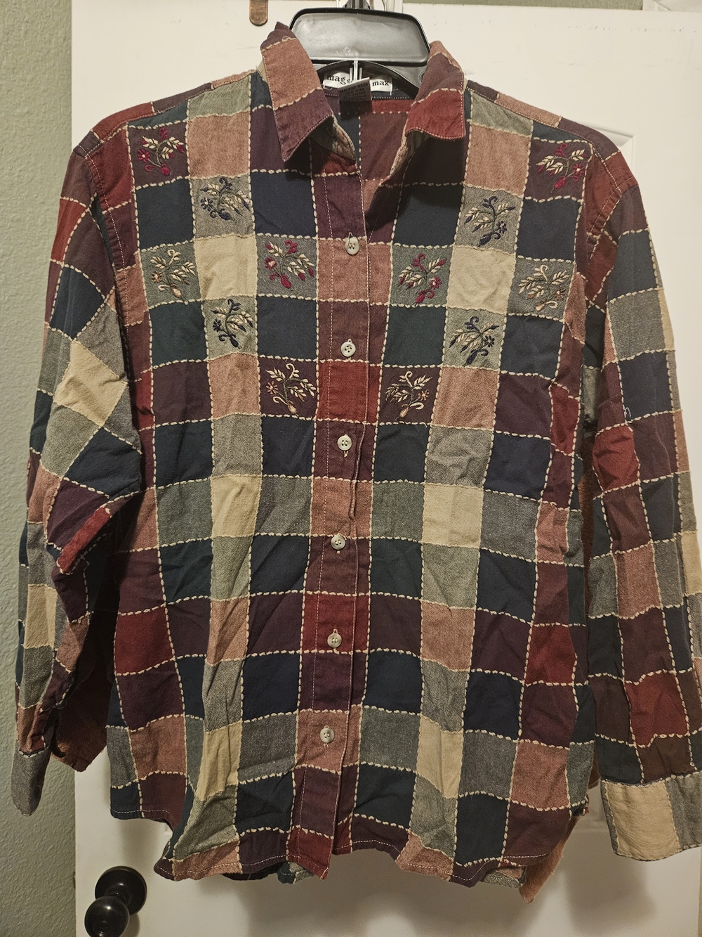 Patchwork Plaid Long-Sleeve Button-Up Shirt - Multicolor